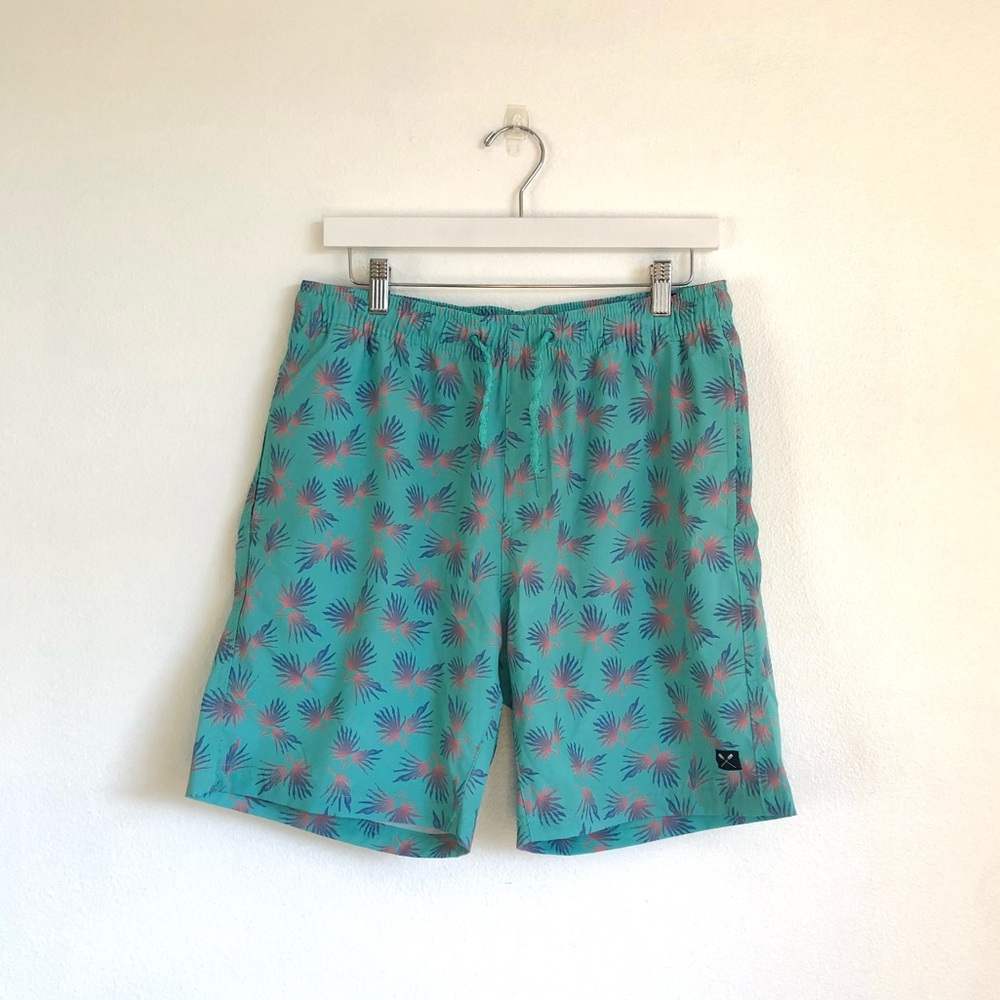 MBX Premium Goods Aqua Blue / Multicolor Palm Leaf 7” Swim Trunks Size Large
